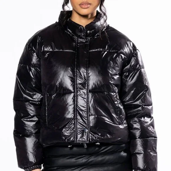 Miz Puffer Crochet: Detachable Contrast Knit Cardigan Vinyl Winter Coat L XL - Picture 1 of 17